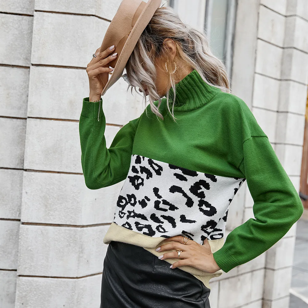 Fashion Leopard Patchwork Autumn Winter 2020 Ladies Knitted Sweater Women Turtleneck Full Sleeve Jumper Pullovers Top