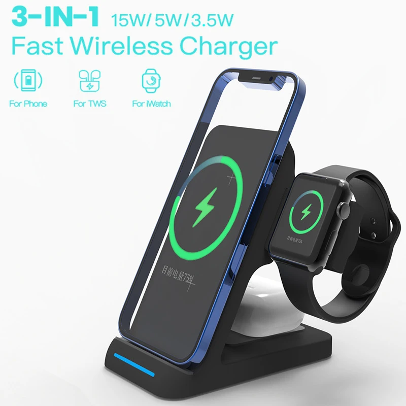 3 In 1 QI Wireless Charger Station 15W Fast Wireless Charging Stand Dock For IPhone 12 Pro AirPods IWatch Xiaomi HUAWEI Samsung