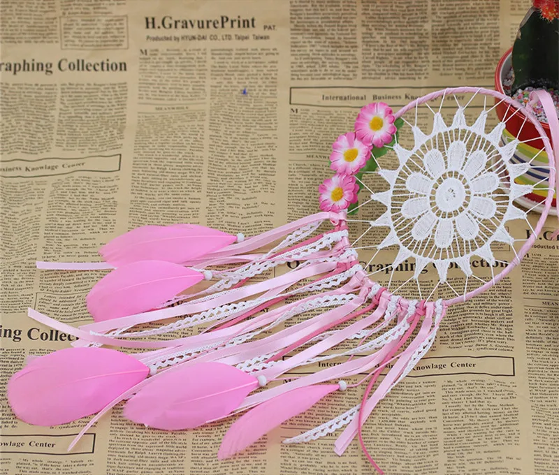 Lace Pink Feather Dream Catchers Round Metal Ring Circle Handmade Indian Style Bedroom Home Decorations Hanging Decors MS6996