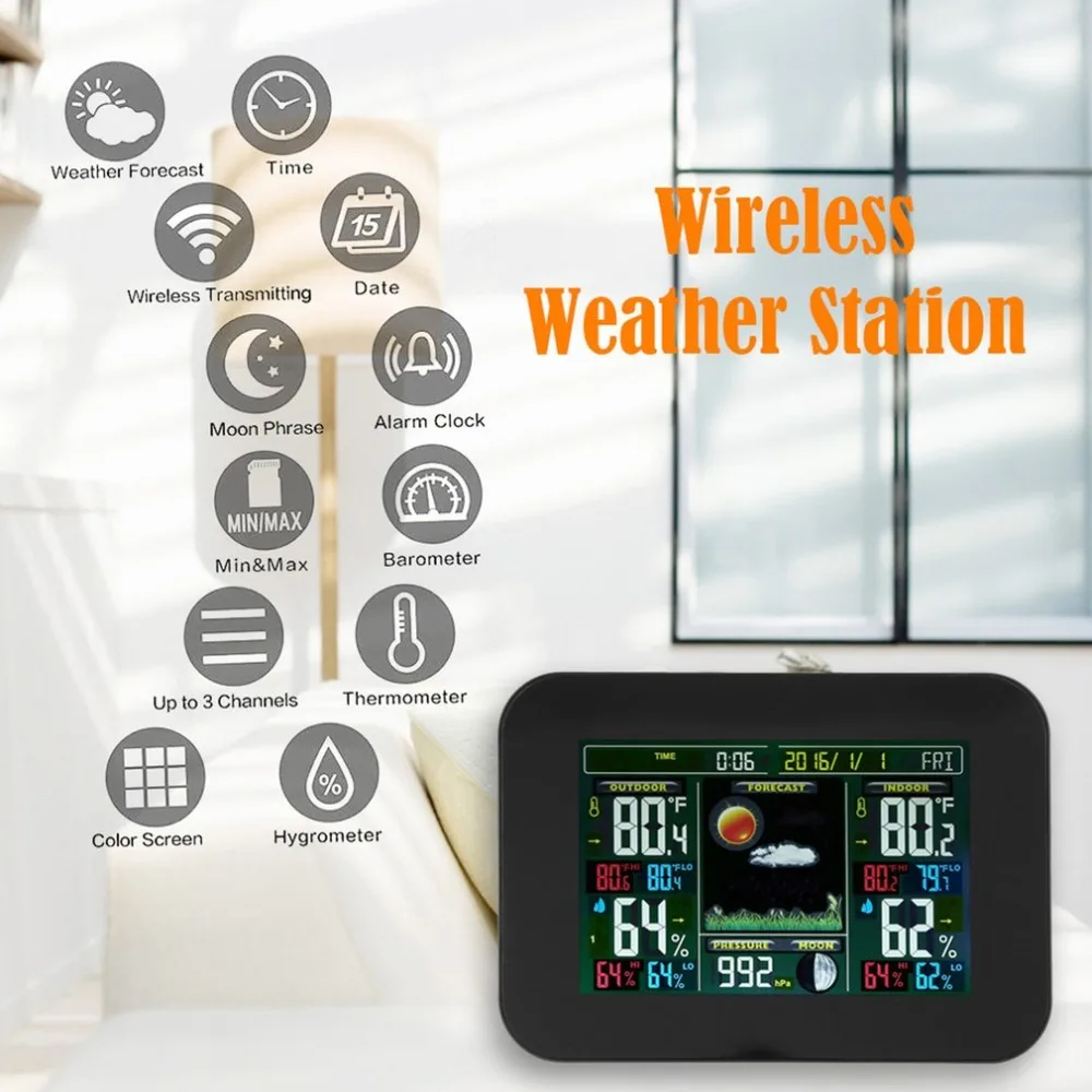 

Weather Wireless Station with Indoor Outdoor Wireless Sensor Color Display Alarm Clock With Temperature Alerts Forecasting