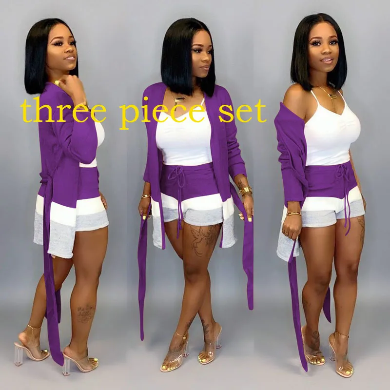 three piece purple Вязаные комплекты из двух предметов, длинные кардиганы в полоску с длинными рукавами, с поясом и шортами, одинаковые комплекты, женские повседневные Костюмы - Цвет: three piece purple