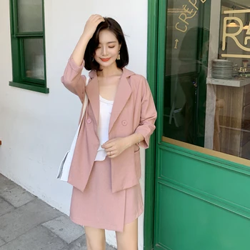 

Women's Suit 2019 Autumn New Two-piece Suit Female Small Suit Casual Solid Color Pocket Suit Jacket + Short Button Skirt