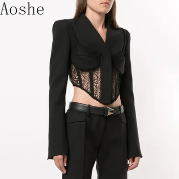 

2020 Long Sleeve Suit Fashion Women's Street Style Simple Sexy V-neck Coat Temperament Hollow Lace Stitching Women's blazers