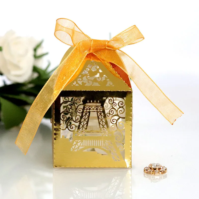 

50pcs Eiffel Tower Candy Boxes Sweets Favor Gifts Boxes With Ribbon For Teachers' Day Birthday Easter Wedding Party Decoration