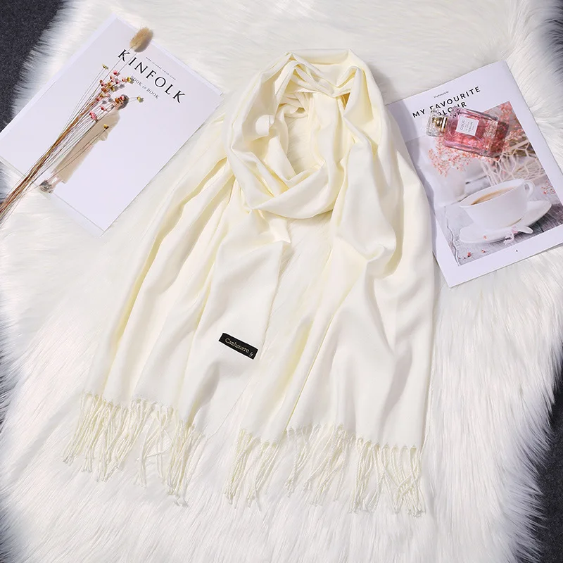 Girita Women's Scarves Autumn Winter Soft Cashmere New Solid Color Wraps Thin Long Scarf with Tassel Casual Lady Female Shawl - Цвет: Milky white