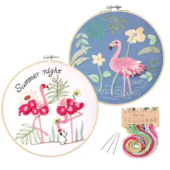 

Cross Stitch Stamped Embroidery Starter Kit with Flamingo Pattern Embroidery Cloth Color Threads Tools Kit