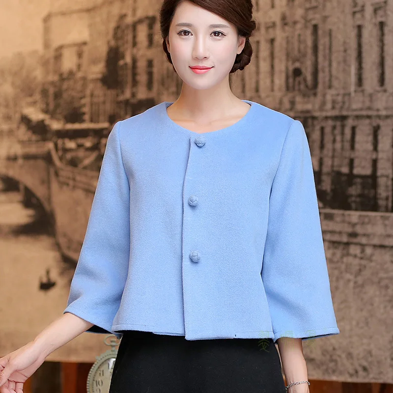 

Cui ti niao Versatile Chinese Style Woolen Solid Color Handmade Grape Buckle Micro Bell Sleeve Short Crew Neck Small Suit
