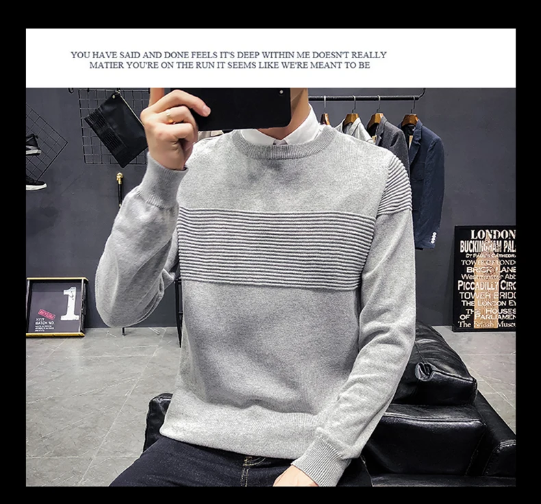 2019 Новый брендовый качественный Мужской пуловер свитер Мужской трикотажный джемпер полосатый свитер мужской сплошной цвет Хлопок