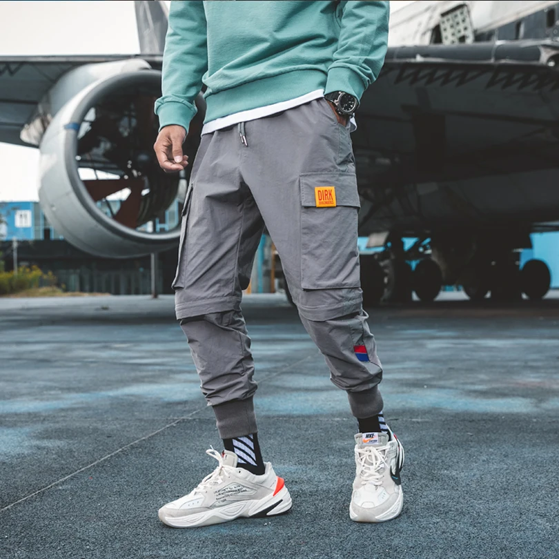 gray - A909 BINHIIRO, весенние новые мужские брюки карго, хлопок, полиэстер, в стиле хип-хоп, средняя длина, с карманами, мужские брюки, черный, серый, хаки - Цвет: gray - A909