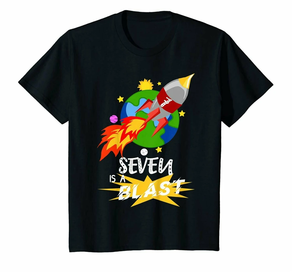 Seven Is A Blast 7 лет дней рождения космическая ракета рубашка модная уличная футболка |