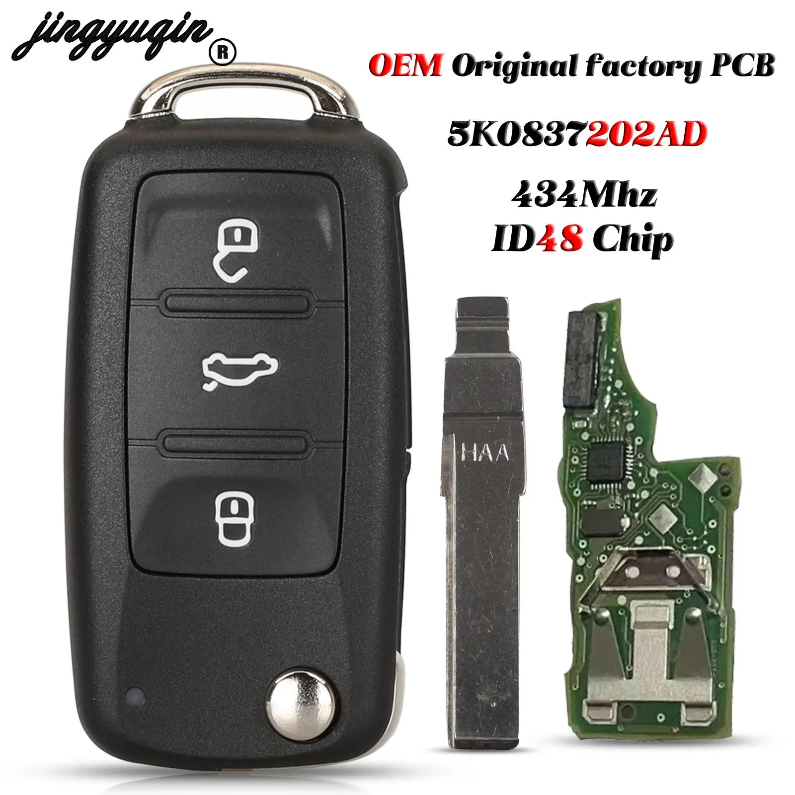 

jingyuqin Original Remote Key 434Mhz id48 For VW Beetle Caddy Eos Golf 6 Jetta 6 Polo Scirocco Tiguan Touran Sharan 5K0837202AD