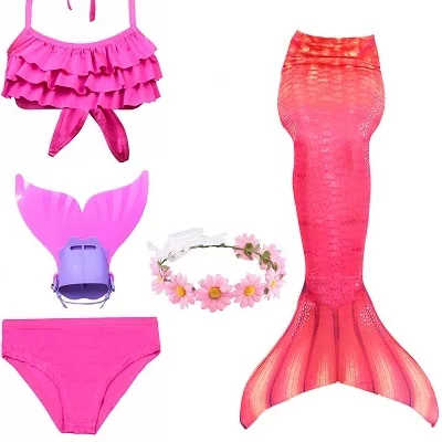 Детский купальный костюм с хвостом русалки для девочек, купальный костюм русалки, купальный костюм, можно добавить монофонический плавник, очки с гирляндой - Цвет: Red 40 set 1