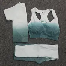 Комплект из 3 предметов для йоги, бесшовные леггинсы с эффектом омбре, укороченный топ с коротким рукавом+ спортивный бюстгальтер, спортивный комплект для женщин, одежда для бега, тренажерного зала, спортивный костюм для фитнеса
