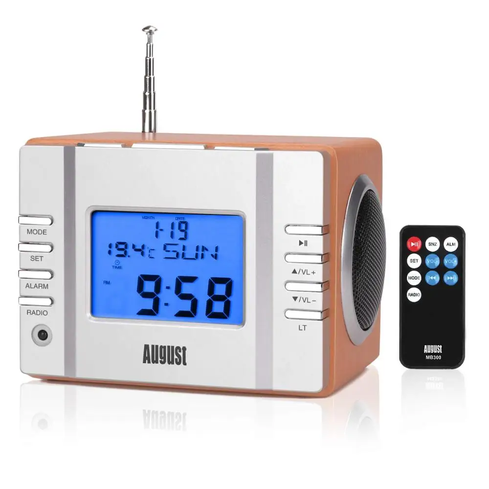 August MB300 деревянная мини стереосистема MP3 и FM радиочасы с SD картридером разъемами