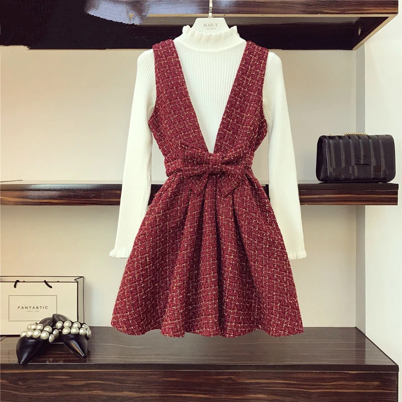 

Taotrees Autumn Red Plaid Dress Knitted Top Suits Sweet Big Bow Knot Tweed Vest Dress and White Pullover Sweater 2 Piece Set