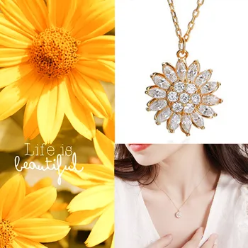 

Rotatable Sunflower Necklace 925 Sterling Silver Zircon Crystal Women Necklace Luxury Clavicle Chain Hogard