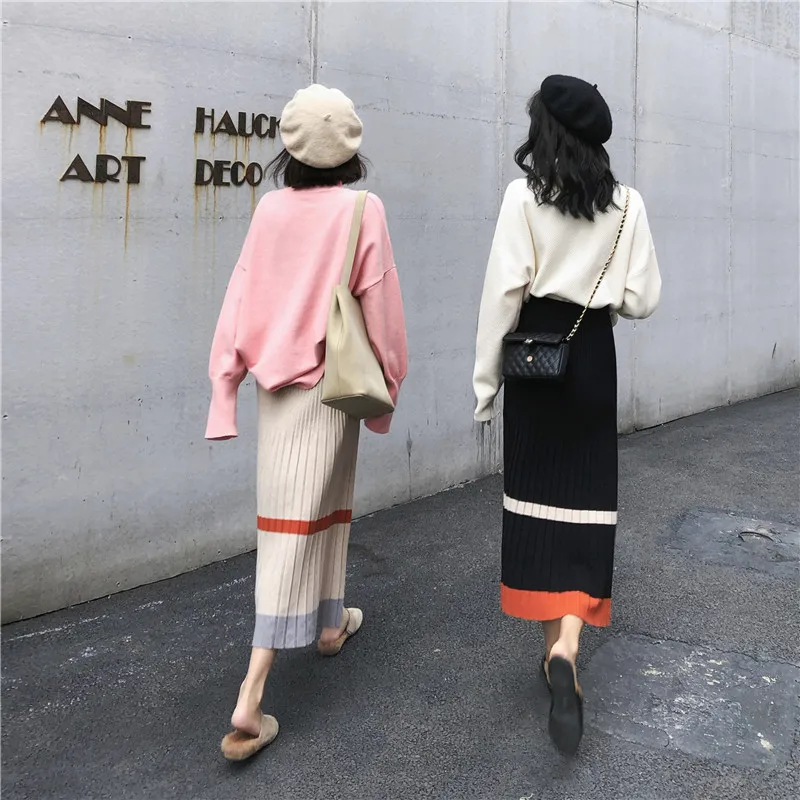 New Autumn Winter Warm Pleated Skirts Womens High Waist Contrast Color Knitted Midi Skirt Korean Style Ladies A Line Skirt Falda