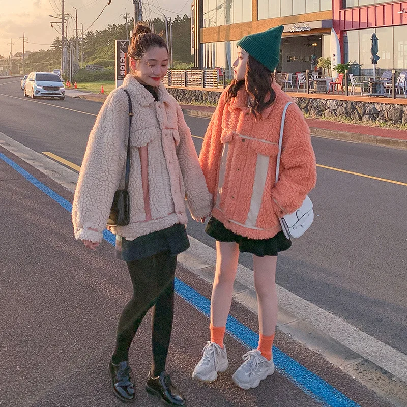 

Photo Shoot 2019 Winter New Style Lambs Wool Stitching Jacket Korean-style Loose-Fit Cotton-padded Jacket Short Lambs Wool Coat