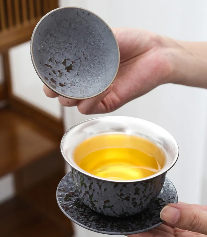 Gaiwan 999 sterling silver gaiwan, three-part, ceramic tea bowl, retro tea, ready for home