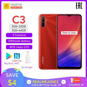 Перейти на Алиэкспресс и купить Realme C3 Мобильный телефон 5000 мАч аккумулятор 3 Гб RAM 64 Гб ROM Helio G70 процессор 12MP AI двойная камера HD мини-капля полноэкранный NFC