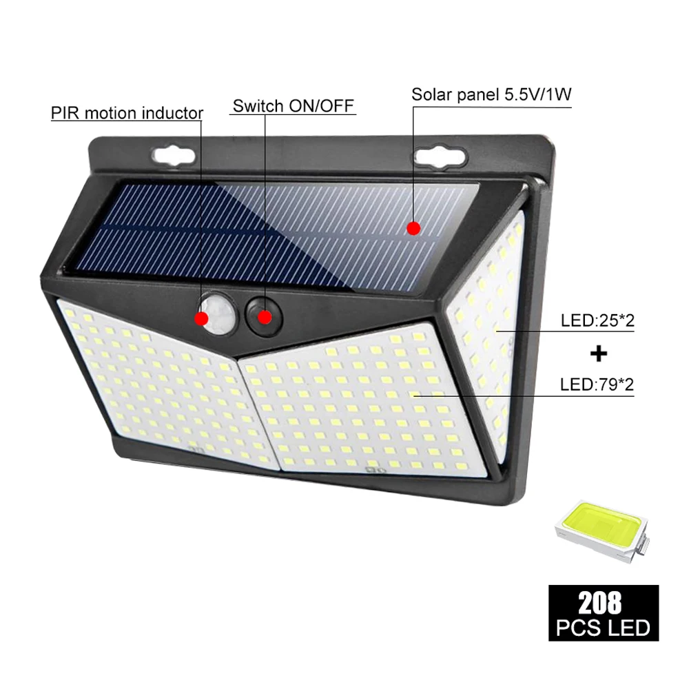 208 светодиодный солнечный светильник s открытый светодиодный датчик движения на солнечной энергии лампа 3 режима IP65 Водонепроницаемый садовый настенный светильник для двора гаража