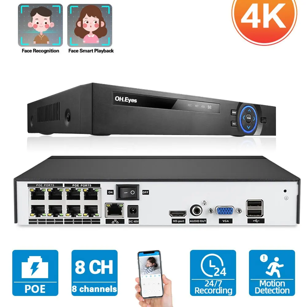 

Сетевой видеорегистратор CCTV, 8 каналов, 4K POE NVR, обнаружение лица, 8 Мп, RJ45, IP-камера, рекордер XMEYE, 8 каналов
