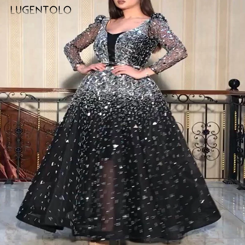Lugentolo Maxi Dress Women Sequins Big Swing Lace Mesh Long Sleeve Round Neck Sexy Black Empire Solid Womens Party | Женская одежда