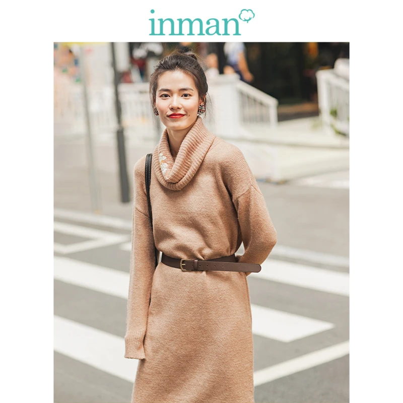 INMAN Winter Literary Retro Embroidery Loose Scarf Knitted Long Sleeve Women Dress INMAN Winter Literary Retro Embroidery Loose Scarf Knitted Long Sleeve Women Dress