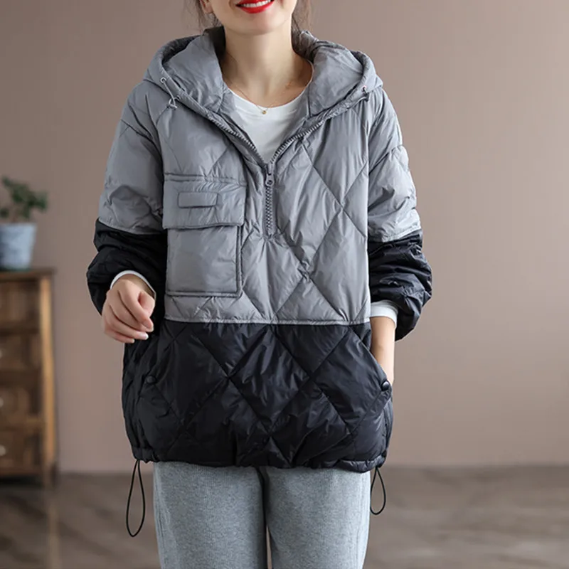 2023 New Autumn Winter Cotton Jacket Women Lightweight Splicing Loose Hooded Pullover White Coat Parkas Hoodie Outerwear