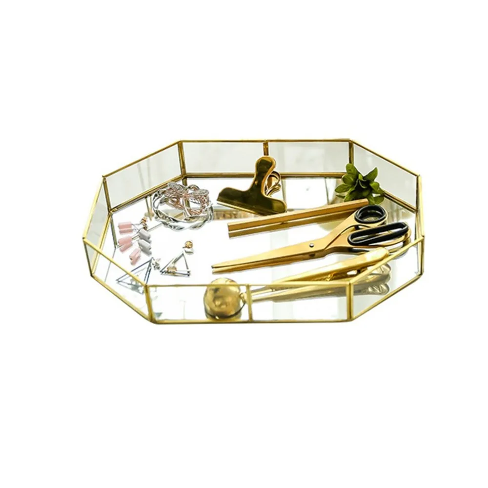 Nordic Retro Brass Storage Tray Golden Polygon Glass Makeup Organizer Tray Dessert Plate Jewelry Display Home Kitchen Decor