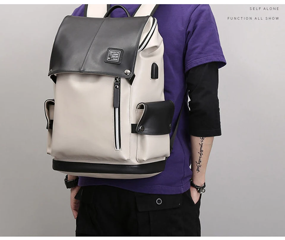Women Bagpack Men Male Fashion Leather Backpack PU Laptop Waterproof 15.6 Inch School Bags Pack USB Charging Female Travel Bag (7)
