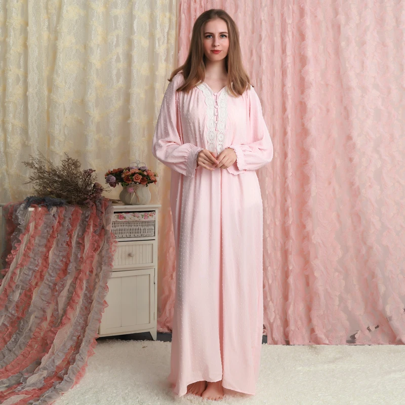 Розовая белая ночная рубашка женская Хлопковая пижама с длинным рукавом ночная рубашка длинное платье свободная ночная рубашка для беременных женщин