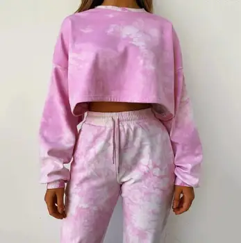 

2pcs set Women 2020 Autumn Winter Tracksuits sweatshirt tie dye outfit shorts crop top co ord set active wear festival clothes