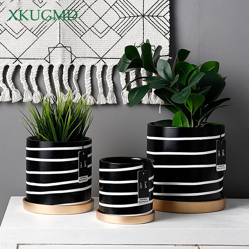 

Black And White Striped Ceramic Flower Pot With Tray Round Potted Desktop Flower Arrangement Container Home Decorations