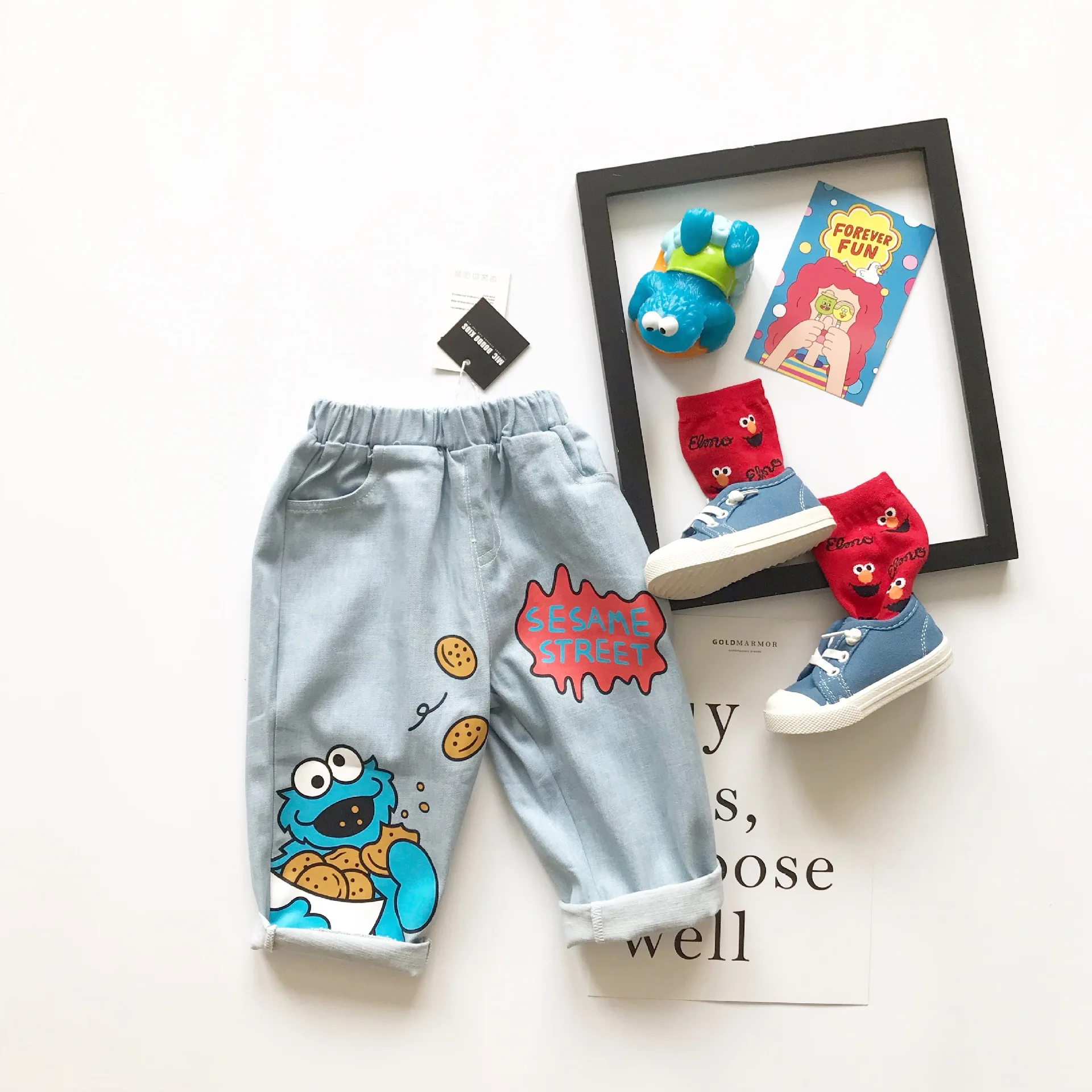Tonytaobaby/новое осеннее платье для мальчиков и девочек; милые джинсы с героями мультфильмов; хлопковые детские штаны и повседневные штаны-шаровары