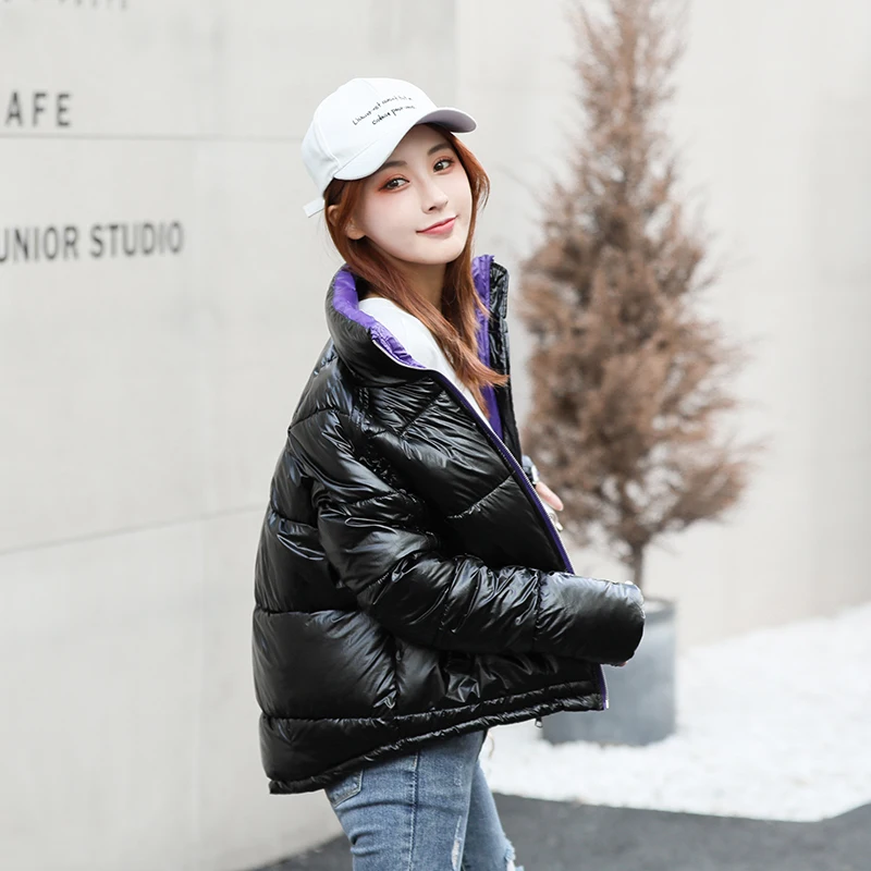 Nice Glossy Jacket Women Winter Fashion Warm Thick Solid Short Style Cotton Padded Parkas Coat Stand Collar