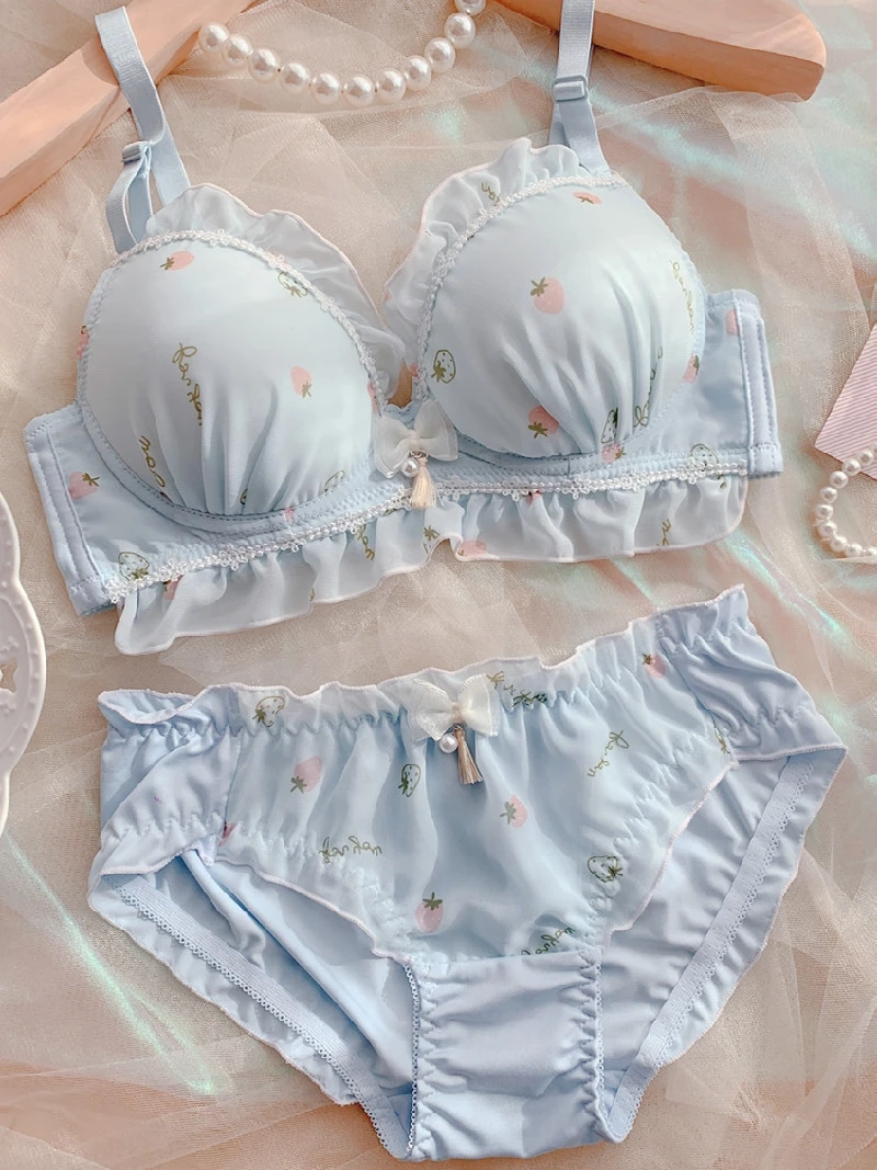 

Симпатичные брифы, комплект, бюстгальтер пуш-ап с женским принтом, шифоновые трусики с принтом в виде фруктов, нижнее белье без стального кольца