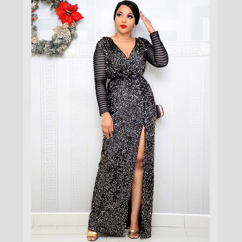 

African Dresses For Women 2020 African Dress Women Elastic Sequins V Neck Long Sleeve Daily Maxi Dress Evening Dress Party Dress