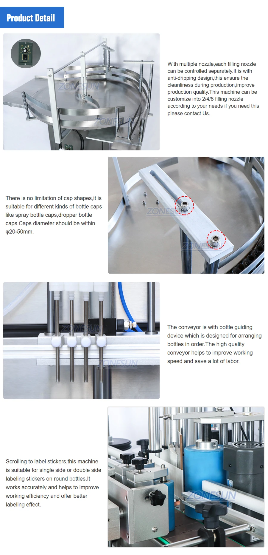 ZONESUN ZS-FAL180R4 Máquina de etiquetagem de tampa de enchimento de líquido de pistão com correia transportadora em forma de U