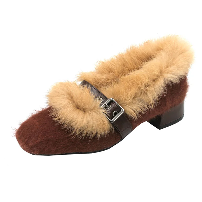 

Mary Jane Shoes Winter Furry Low Heels Mules Fashion Women Block Heel Mocassins Zapatos De Mujer Ladies Winter Feetwear P354