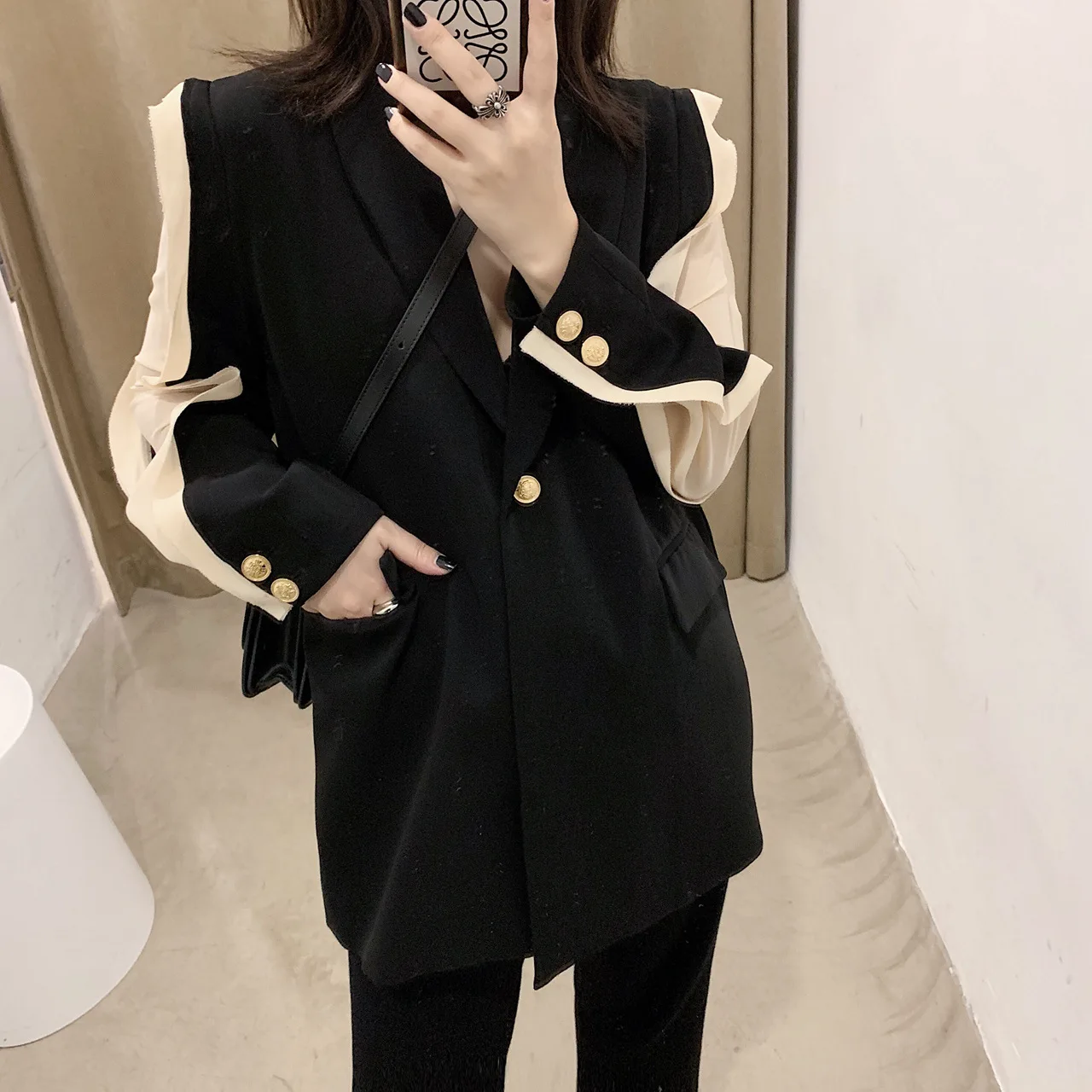 

T4214 Women's Wear 2019 Autumn Chiffon Sleeve Contrast Color Splicing Medium Length Money Suit Female Handsome Profile Coat