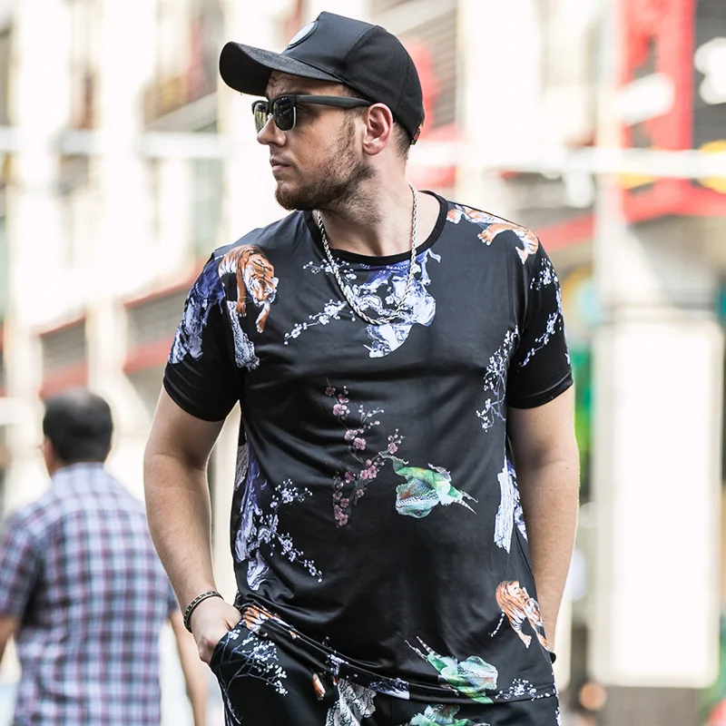 

New street hip-hop plus size men's tide fat t-shirt increase loose guy summer short sleeves
