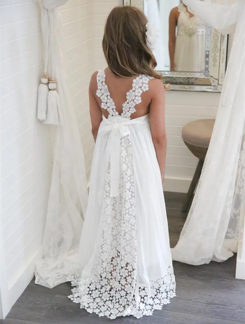 630Boho Flower Girl Dress For Wedding Beach V Neck A Line Lace and Chiffon Kids White Wedding Dresses Custom Made (4)