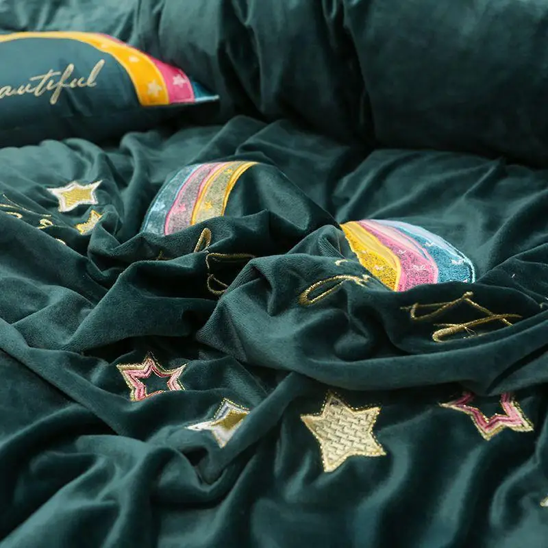 Роскошный темно-зеленый комплект постельного белья с вышивкой домашний текстиль много звезд утепленное постельное белье Bifrost постельное белье пододеяльник
