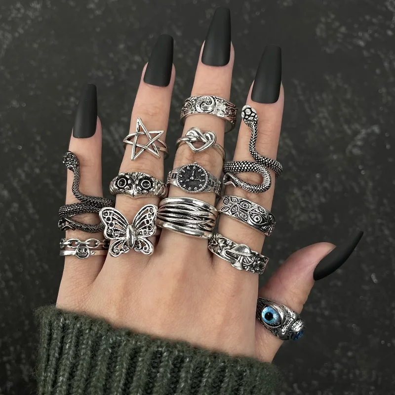 Retro Silver Color Butterfly Snake Frog Ring For Men Women Punk Personality Geometric Antique Fashion Opening Adjustable Rings | Украшения