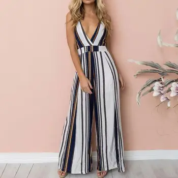 

2020 Summer Striped Jumpsuit Women Beach Floral Jumpsuit Female Sexy V-neck Backless Jumpsuit Ladies Boho Floral Jumpsuits