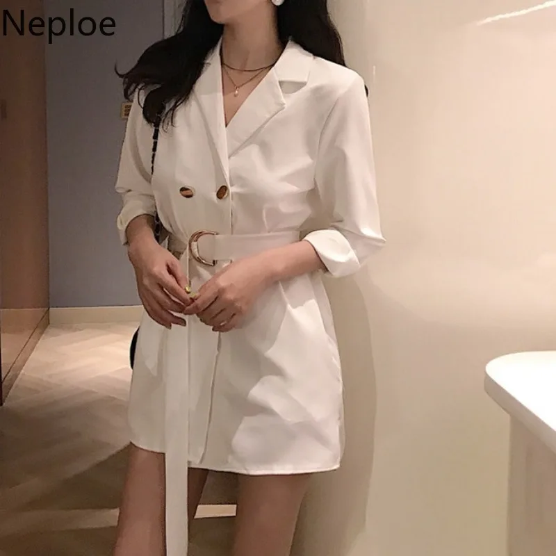 Neploe белые женские длинные блейзеры куртка корейские свободные с поясом шикарные