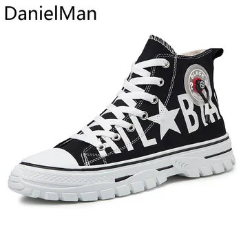 

DanielMan Men Spring Autumn High Top Canvas Casual Shoes for Men Fashion Sneakers Lace-up Hip Hop Solid Colors Footwear 216