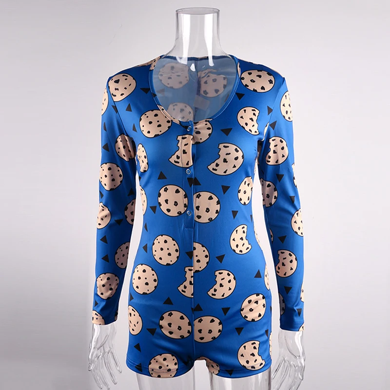 Cute Cartoon Cookies Print Sexy Women Pajama Onesie Fall Long Sleeve Blue Pyjamas Sleepwear For Adults Ladies