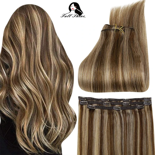 Full Shine 50 Grams Clip On Human Hair Extensions Ombre Color 3Pcs 100% Machine Remy Human Hair Hairpins Clip In Hair Extensions 4p27
